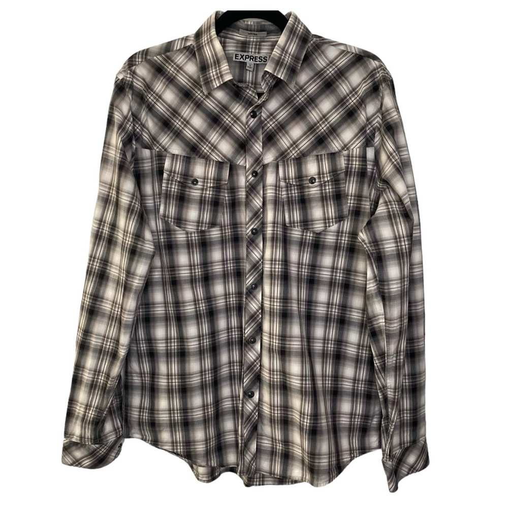 Express Mens Large Fitted 16-16.5 Stretch Long Sleeve Pearl Snap Shirt
